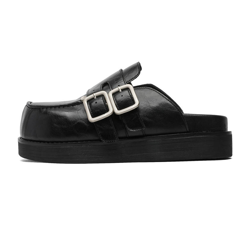 MUYI Rubber Stitching Leather Patchwork Abrasion Resistant Closed Toe Slippers Unisex Black