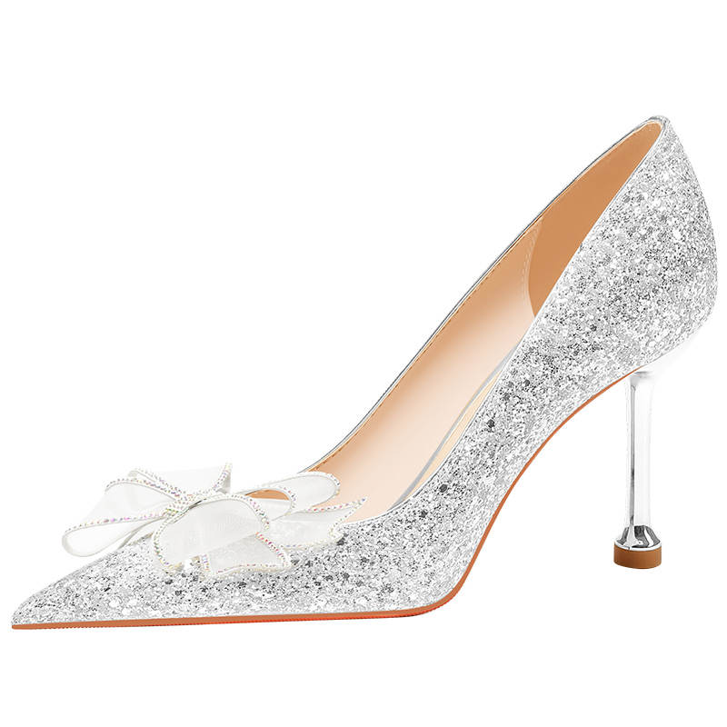 LANMOU Shinny Leather Slim Heel High Heels Women's Silver