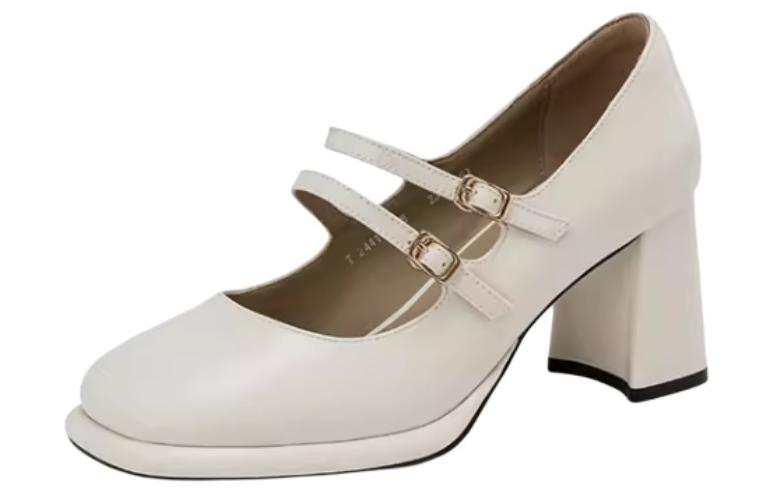 AOKANG Leather Chunky Heel Mary Jane Shoes 7.3cm Women's Ecru