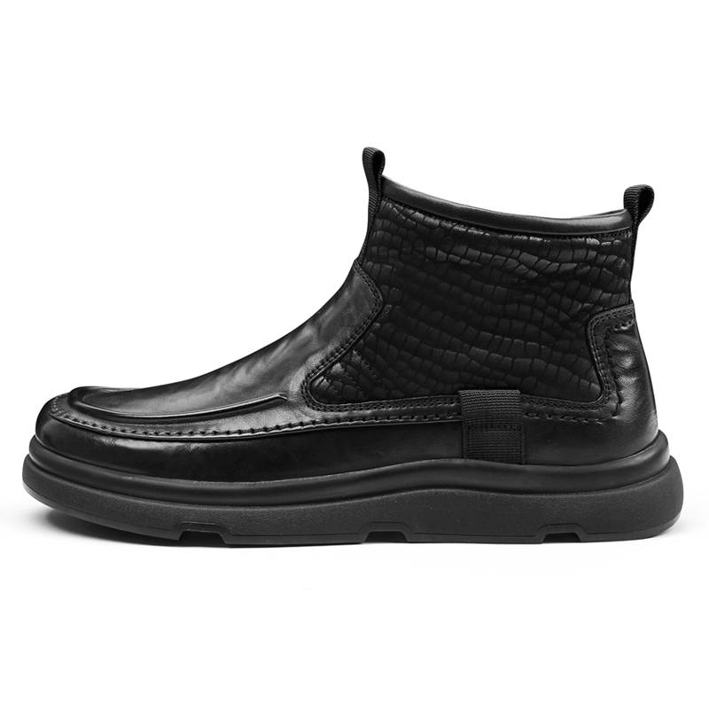 SHENGDAQISHI Top Grain Cow Leather Round Tip Zippers Thickened And Fleece Lined Ankle Boots Men's Black