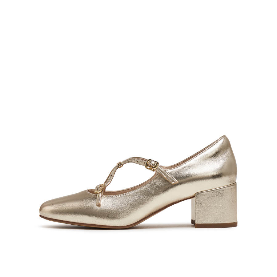 Joypeace Flamenco Sheepskin Chunky Heel Mary Jane Shoes 4.5cm Women's Gold