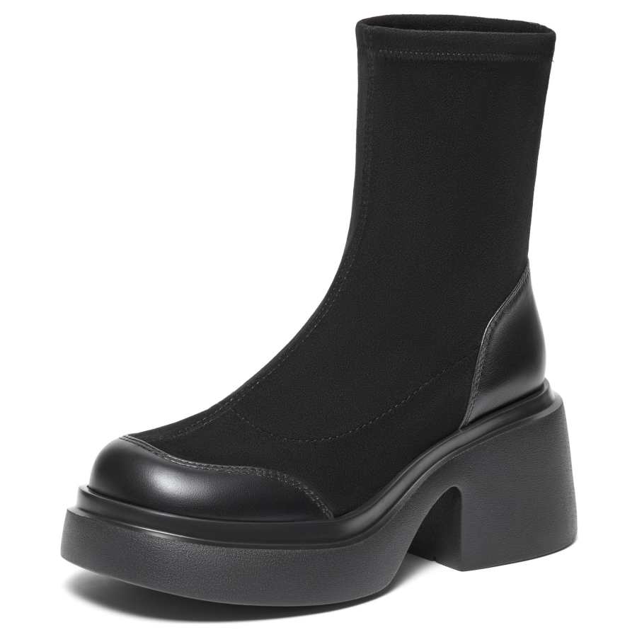 Teenmix Stretch & Slim Boots Cow Leather Comfortable Versatile Platform Fleece Lined Thermal Fashion Apparel Boots