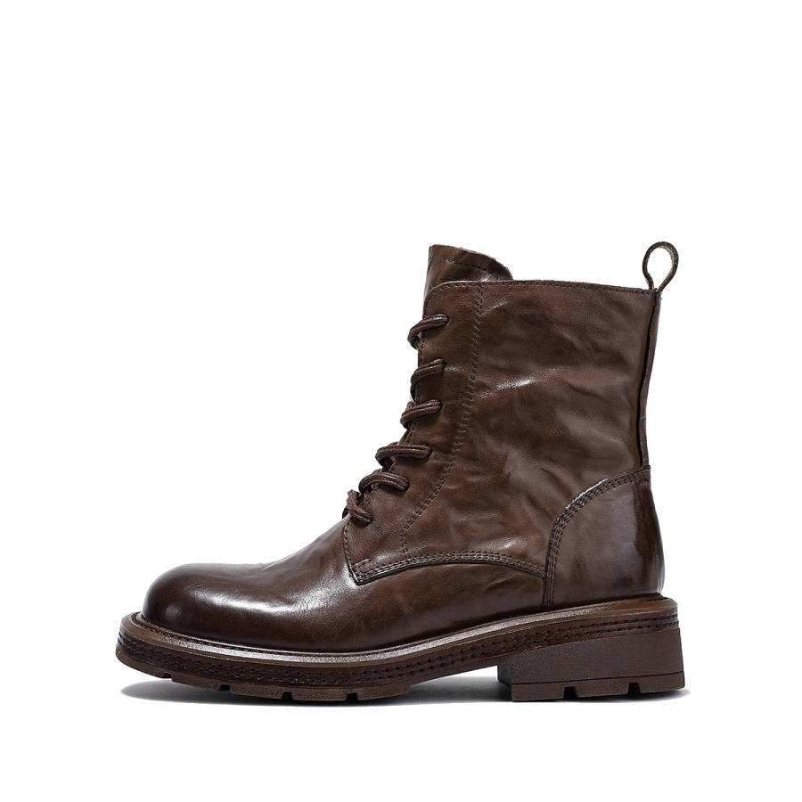 BELLALILY Top Grain Cow Leather Crew Combat Boots 4cm Women's