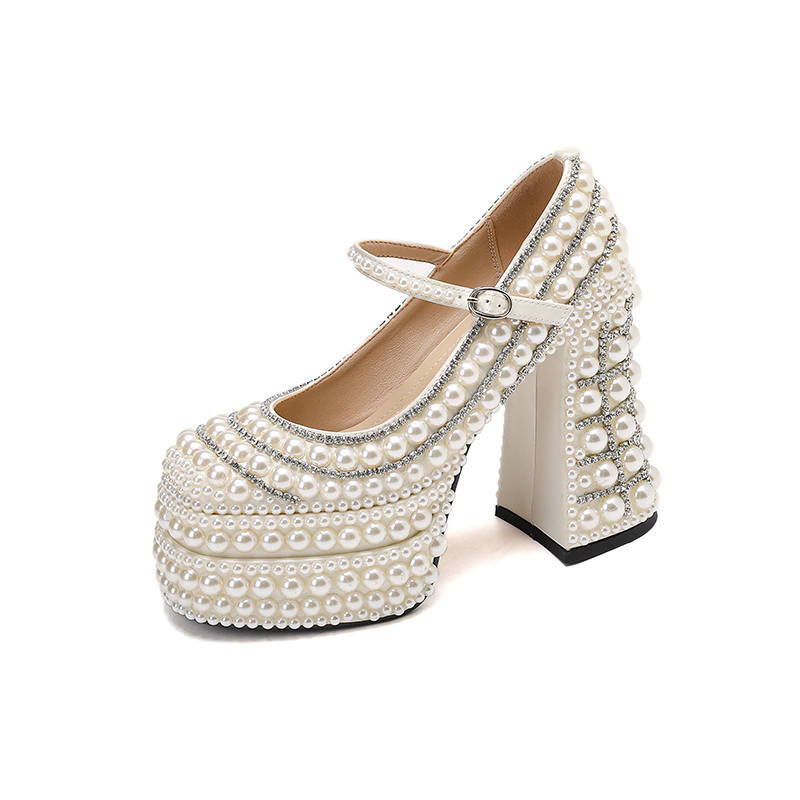 SUYANJIAO Silk Chunky Heel High Heels Women's Ecru