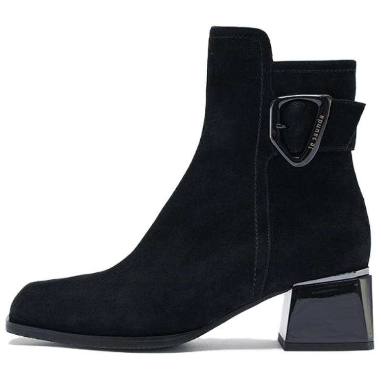Le Saunda Sheepskin Vintage Elegant Fleece Lined Commute Fashion Metal Buckle Ankle Boots Women's Black
