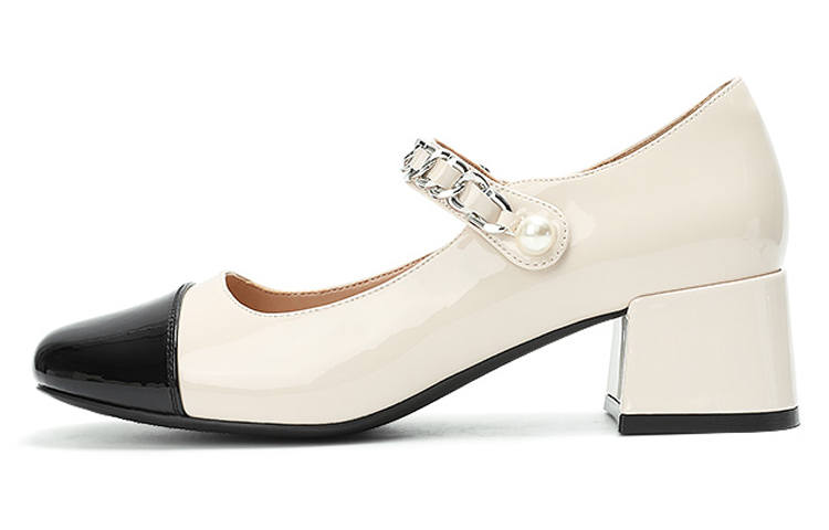 DAPHNE Pu Chunky Heel Mary Jane Shoes Women's Beige Black