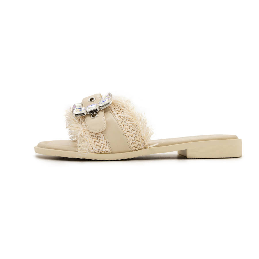 FED Rubber Sole Rhinestone Slide Slippers Women's Beige