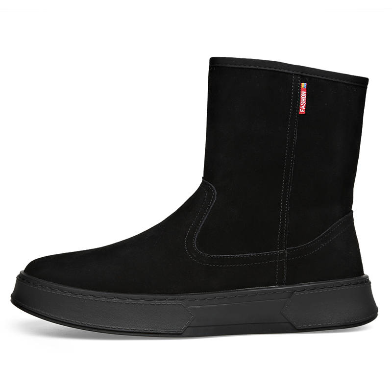 LUOMENG Cow Suede Comfortable And Versatile, Thickened And Fleece Lined Thermal Crew Snow Boots Men's Black