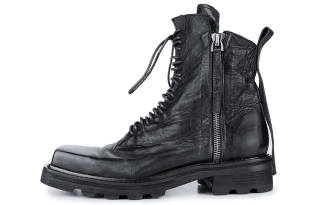 HUANXIANGZHE Cow Leather High Top Square Toe Genuine Leather Zip Closure Combat Boots, Unisex Black