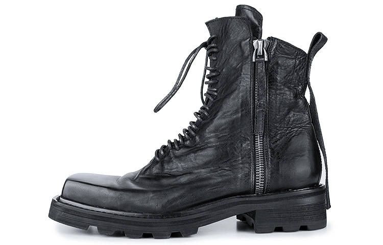 HUANXIANGZHE Cow Leather High Top Square Toe Genuine Leather Zip Closure Combat Boots, Unisex Black