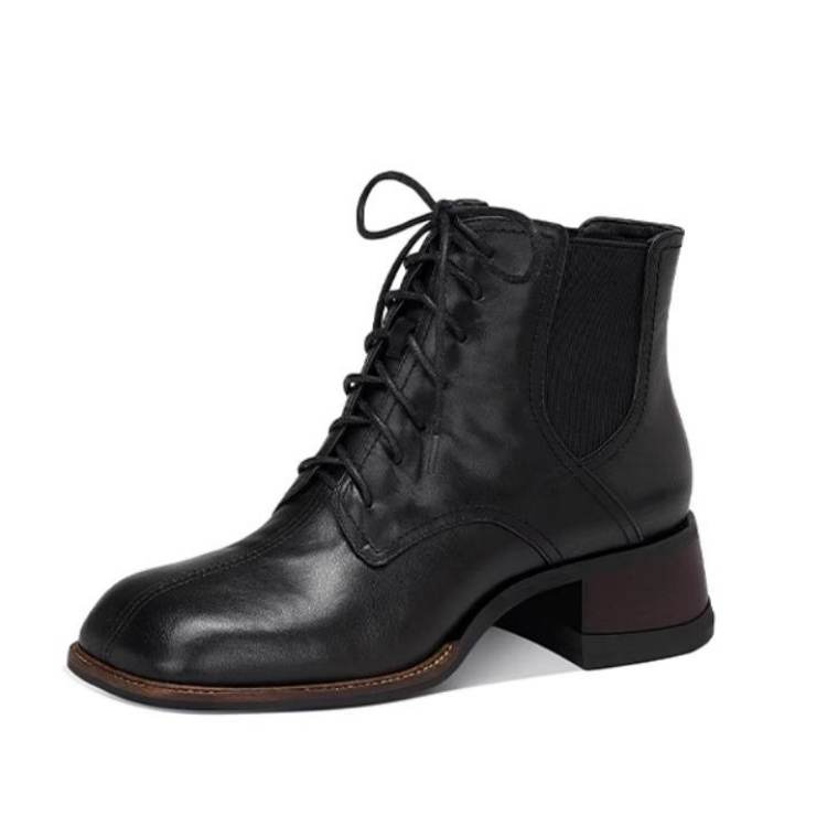 JESSICA SOPHIA Top Grain Cow Leather Short Combat Boots 4cm Women's