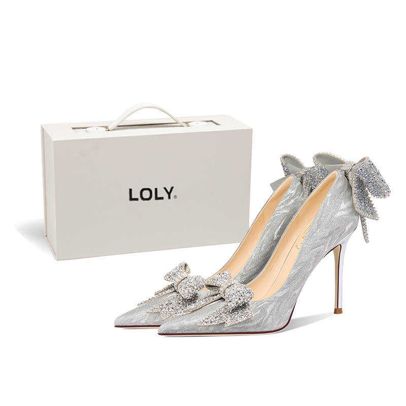 LOLY French Bowknot Princess Style Crystal Shoes High Heels Women's Silver