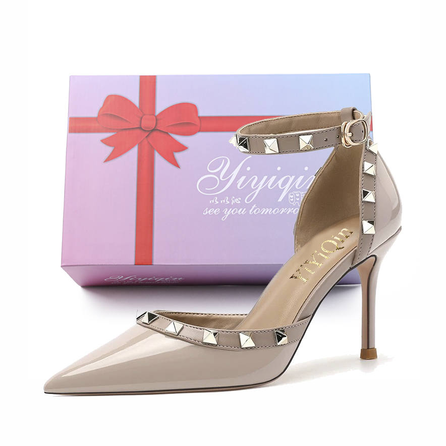 YIYIQIN Patent Leather Slim Heel High Heels 9cm Women's Nude Gift Box Set