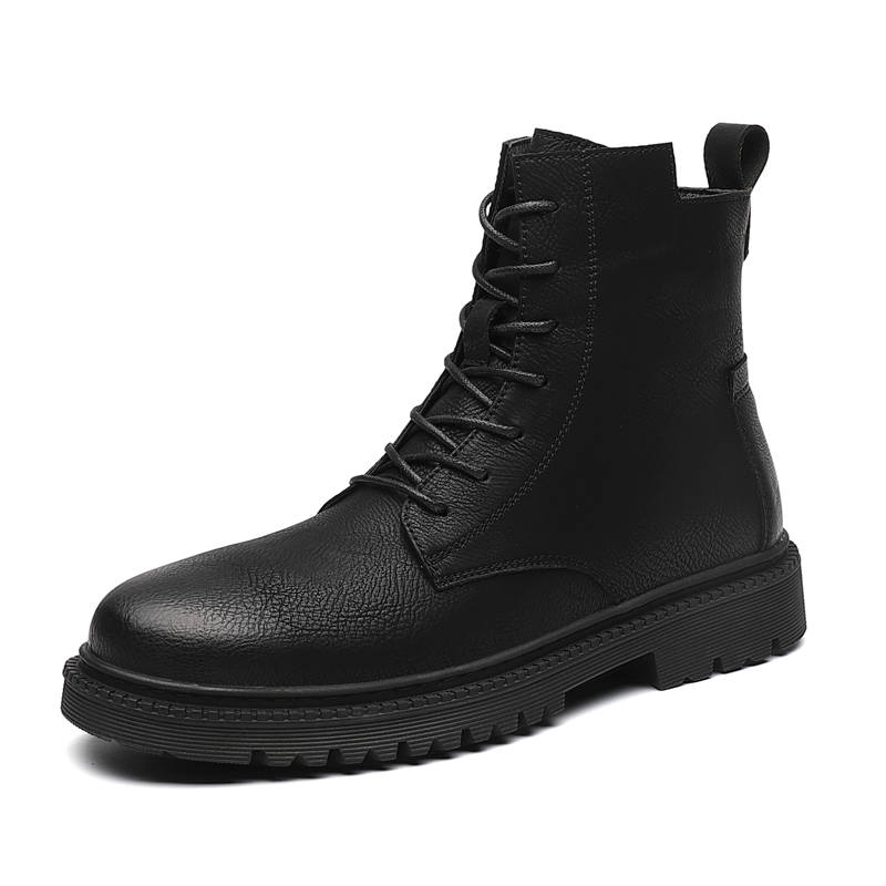 KAQIAODI Cow Split Leather Knee High Combat Boots Men's Black