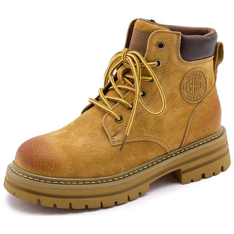 JIJILANGPIN Top Grain Pig Leather Short Combat Boots 5cm Women's Yellow