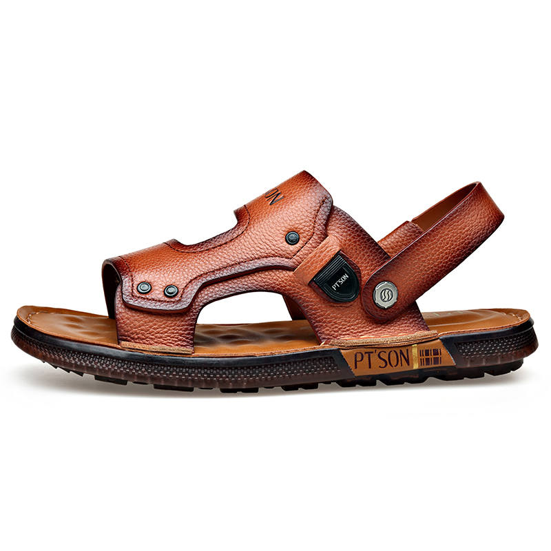 PT'SON Top Grain Cow Leather Breathable Beach Sandals Men's Yellow