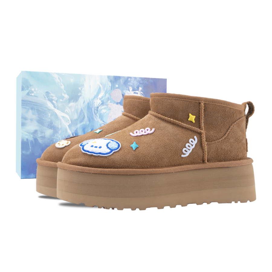 UGG Winter Warm Sun 4 Cow Split Leather Thermal Short Snow Boots Women's Chestnut