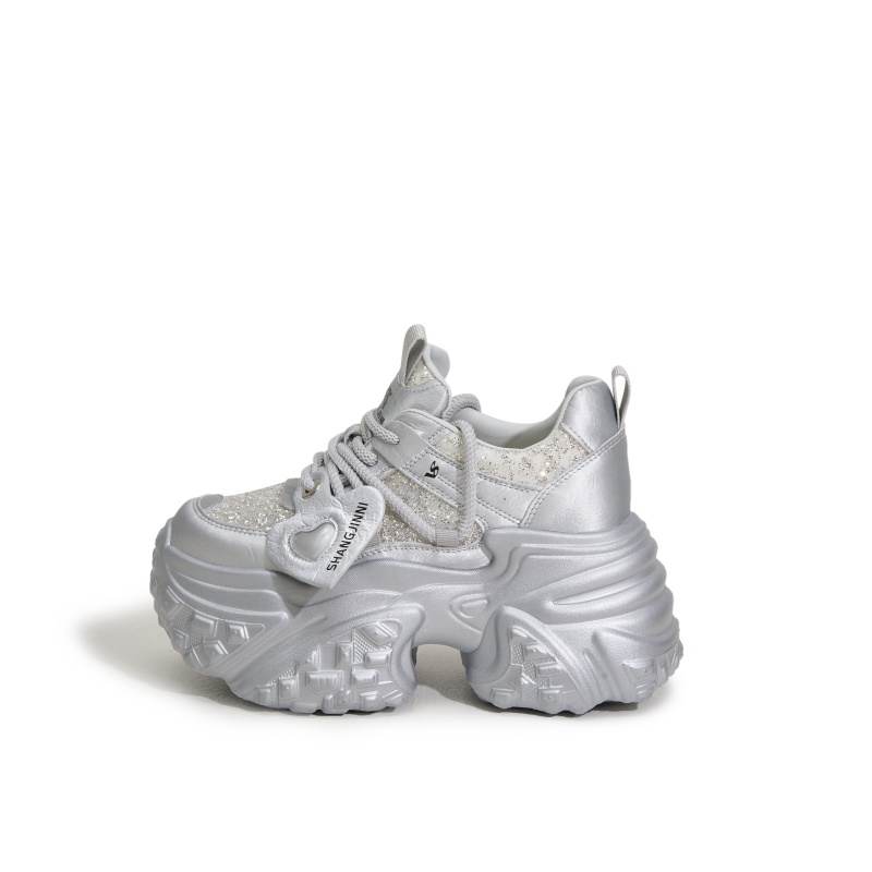 MILANLIANGE Breathable Lightweight Height Increasing Low top Chunky Sneakers Women's Silver