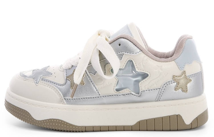 WENPU Microfiber Leather Abrasion Resistant, Lightweight, And Breathable Low top Skateboard Shoes Women's Beige Silver