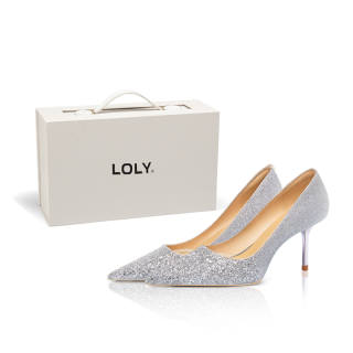 LOLY Dreamy Princess Crystal Shoes Slim Heel High Heels Women's Silver Box Included