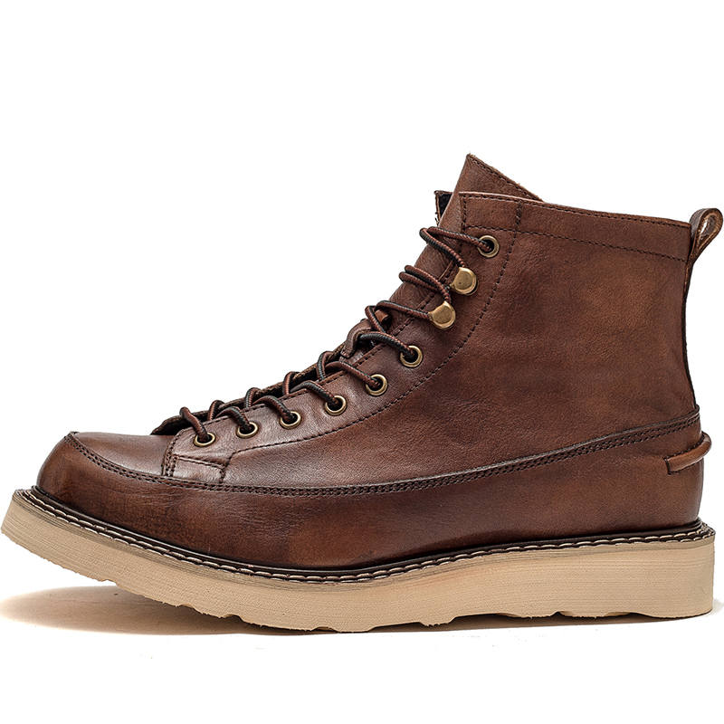 JIEZHOU Top Grain Cow Leather Short Combat Boots 4cm Men's Brown