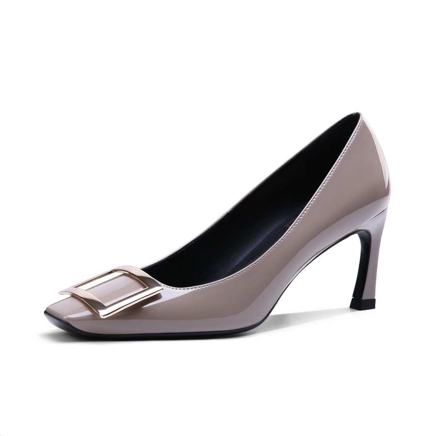 MERY CAREY MO Patent Leather Spool Heel Square Toe High Heels 7cm Women's Nude Pink