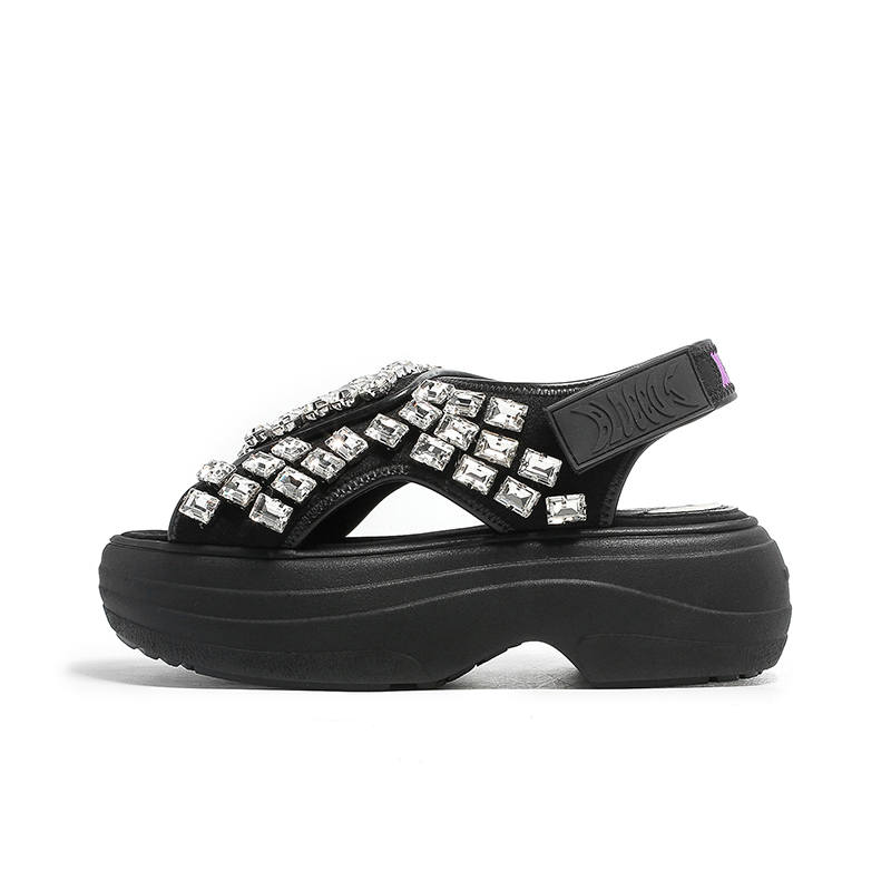BLOCCO5 Summer Height Increasing Rhinestone Hook and Loop Outdoor Slippers One Strap Sandals Women's Black