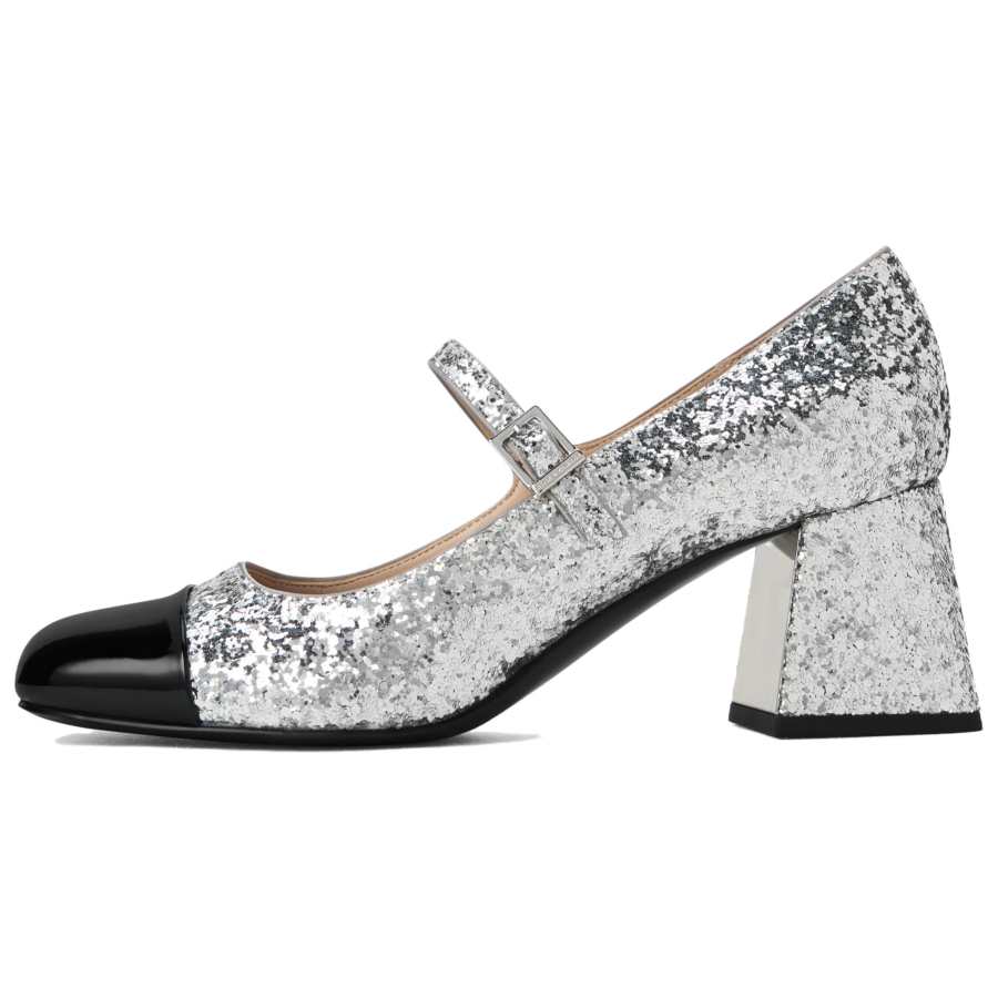 CHARLES&KEITH Fabric Chunky Heel Mary Jane Shoes 6.1cm Women's Silver