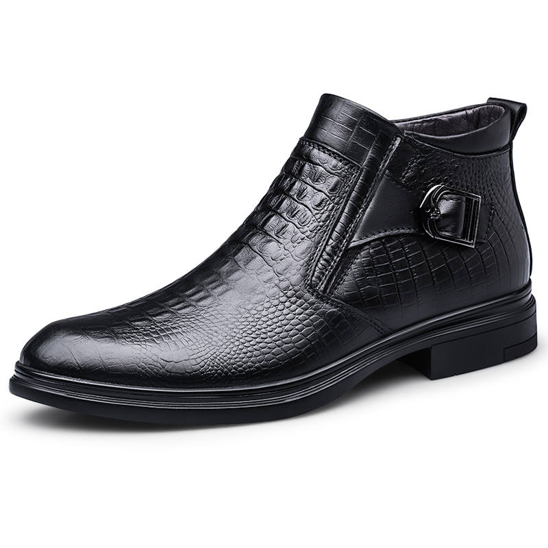 GONGNIULEITING Top Grain Cow Leather Thermal Fleece Lined Ankle Boots Men's Black