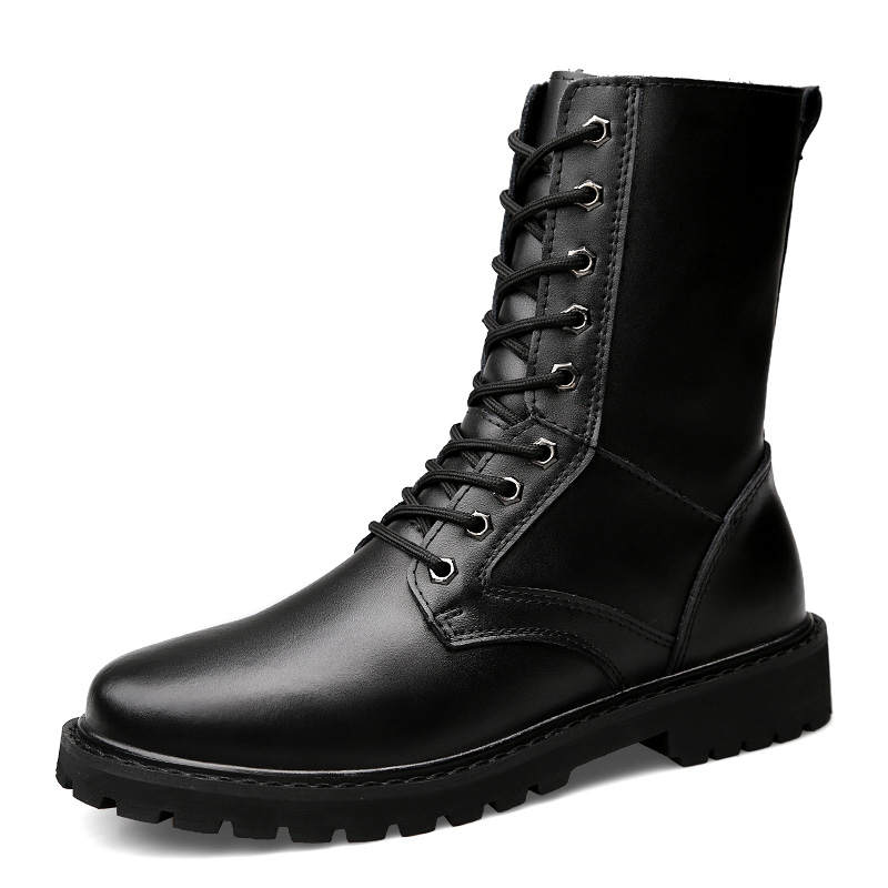 GONGNIULEITING Top Grain Cow Leather Crew Combat Boots Unisex Black