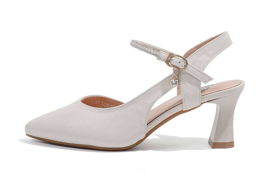 Mulinsen Cow Leather Chunky Heel High Heels 6.5cm Women's Beige