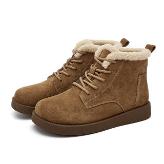 SHOUBA Cow Split Leather Fleece Lined Casual Ankle Boots 2.5cm Women's Camel