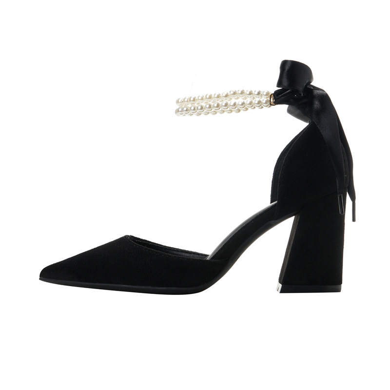 HKCP Suede Chunky Heel High Heels 8cm Women's Black