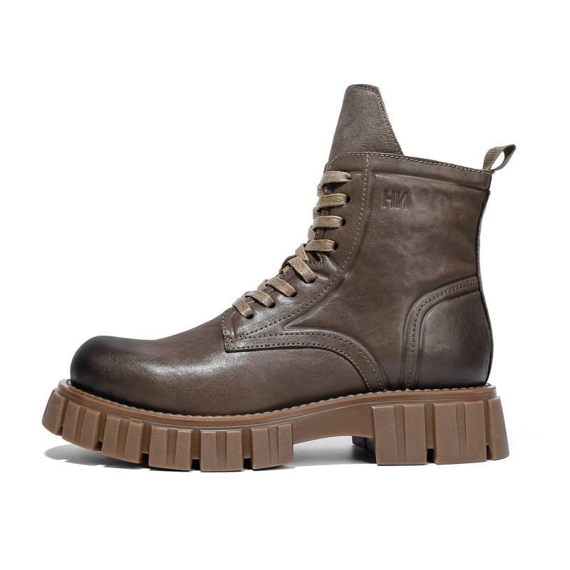 PALMPOLO Cow Leather Short Mid Calf Combat Boots 4.5cm Men's Army Green