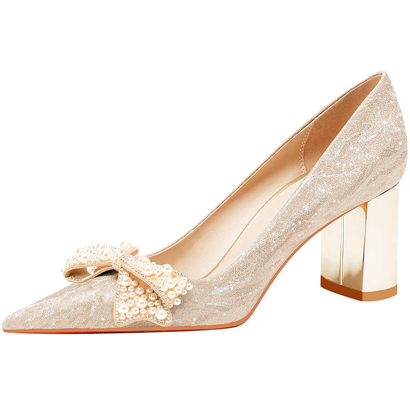 LANMOU Shinny Leather Chunky Heel High Heels Women's Gold