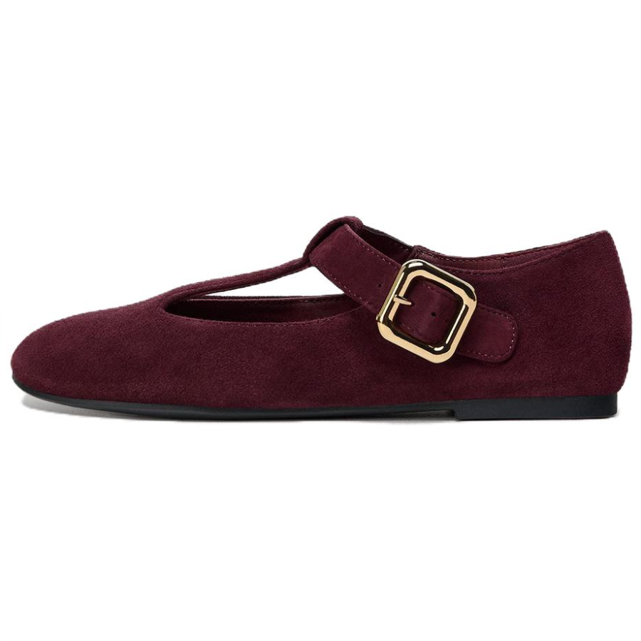 ZARA Sheepskin Casual Shoes 0.5cm Women's Dark Red Color