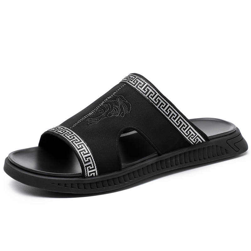 SENJIALUO Rubber Stitching Embroidery Slip Resistant Abrasion Resistant Slide Slippers Men's Black