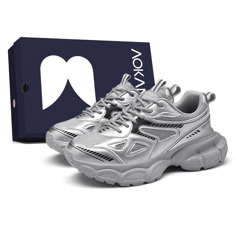AOKANG Height Increasing Support Abrasion Resistant Lightweight Breathable Low top Chunky Sneakers Women's Silver