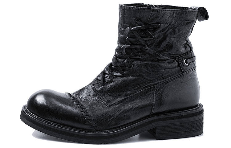 HUANXIANGZHE Round Tip High Top Casual Leather Zip Combat Boots Unisex Black
