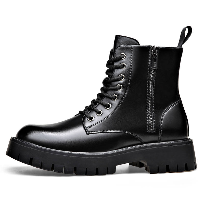 KAQIAODI Cow Split Leather Knee High Combat Boots Men's Black