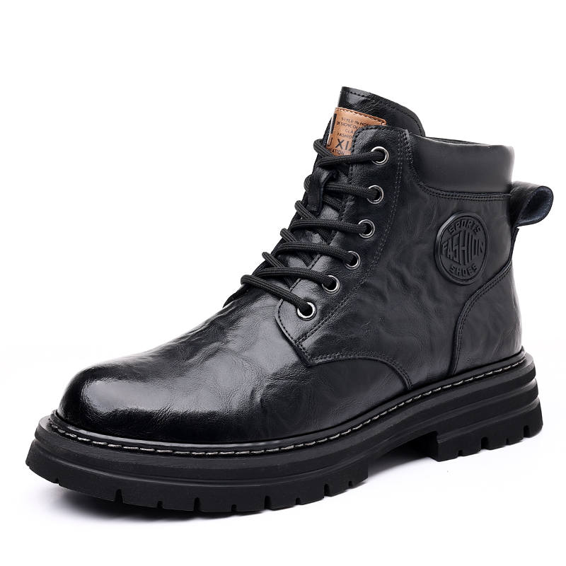 CITONGXIANSHENG Cow Split Leather Short Combat Boots Unisex Black