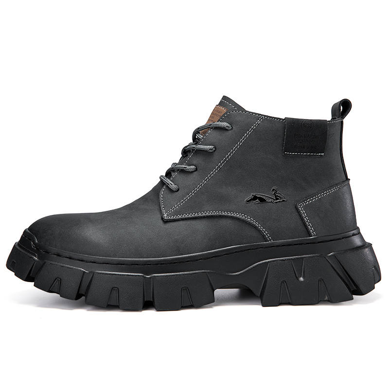 YINGLUNQISHI Top Grain Cow Leather Combat Boots Men's Gray