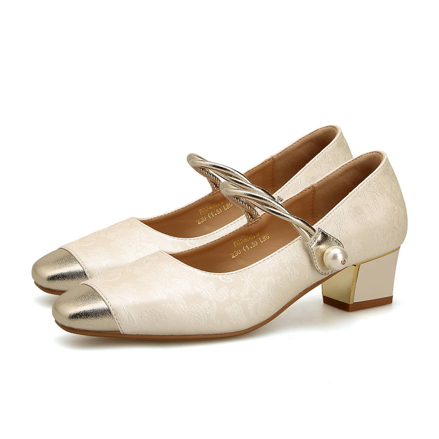 FOXER Chunky Heel Mary Jane Shoes Women's Beige Gold