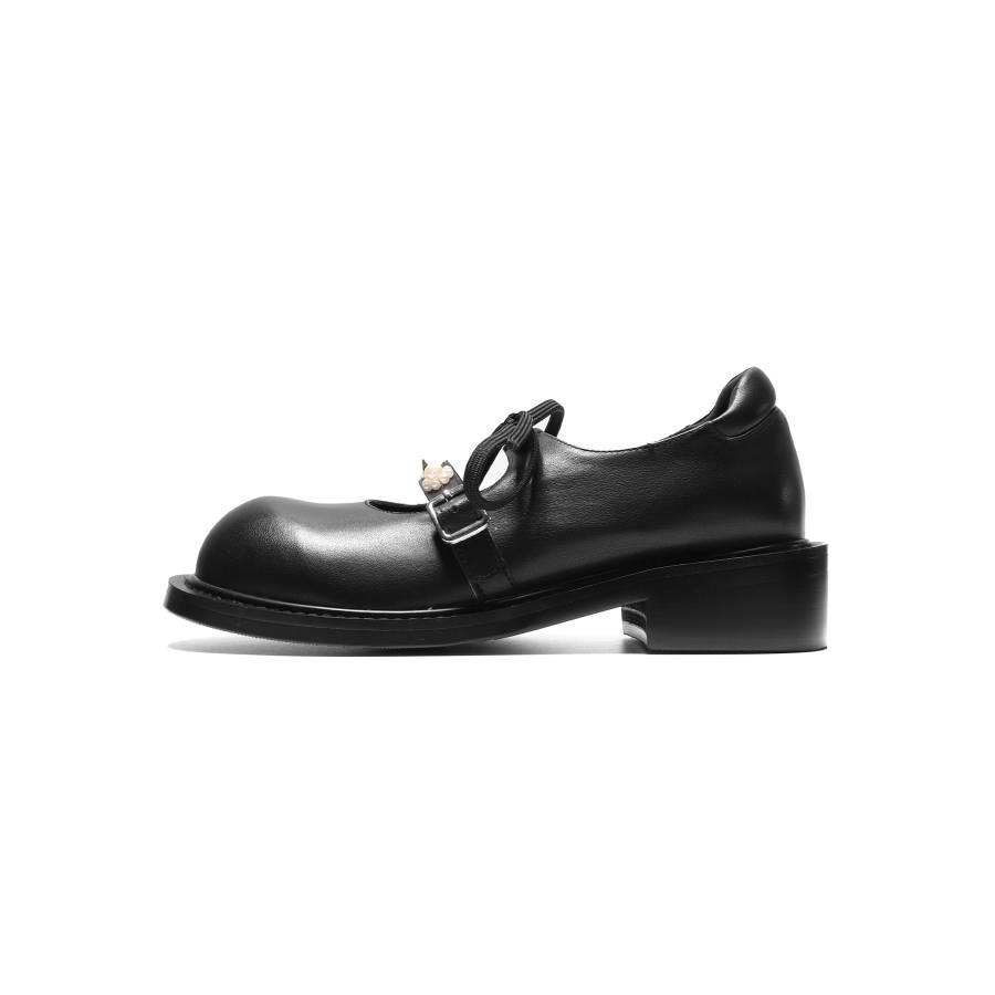 Asthershop Top Grain Cow Leather Mary Jane Shoes Unisex Black