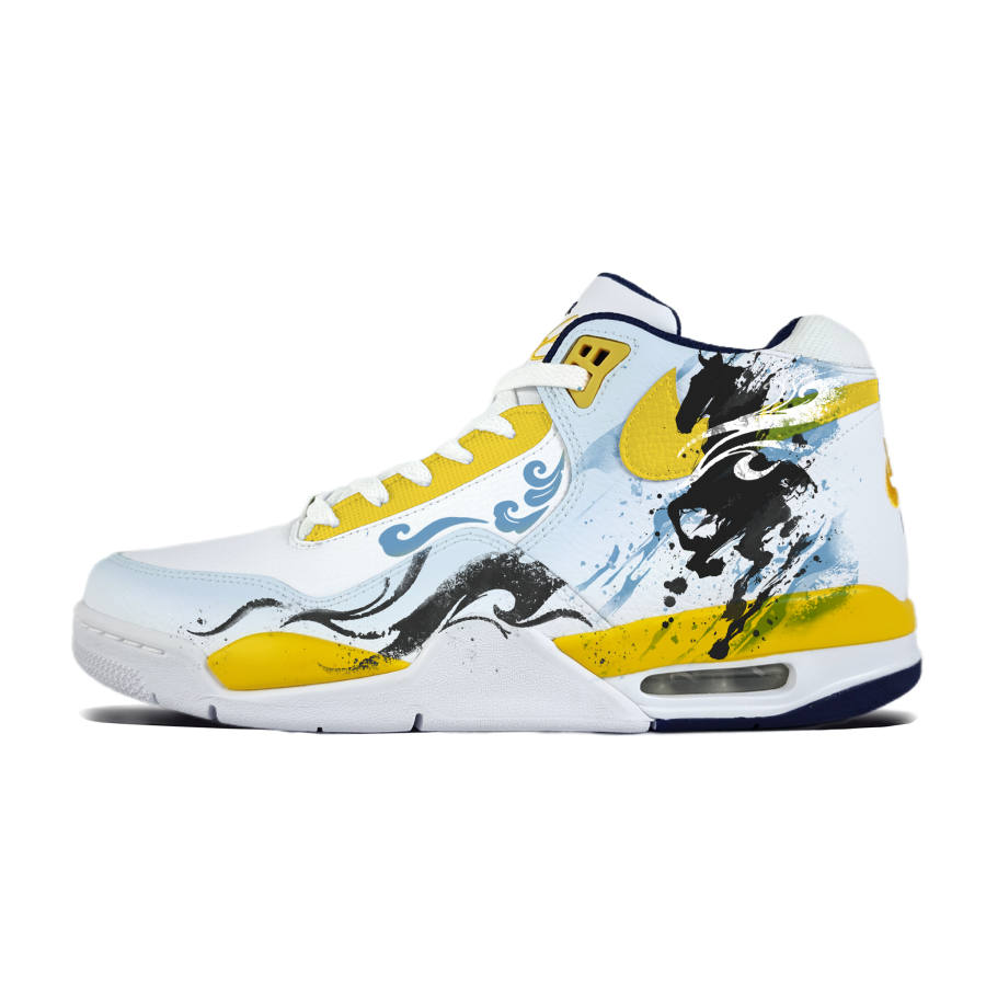 Nike Nike Flight Legacy Ink Wash BMW, Blue Wrapping, Wear Resistant And Non Slip Mid top Basketball Shoes Men's White Yellow