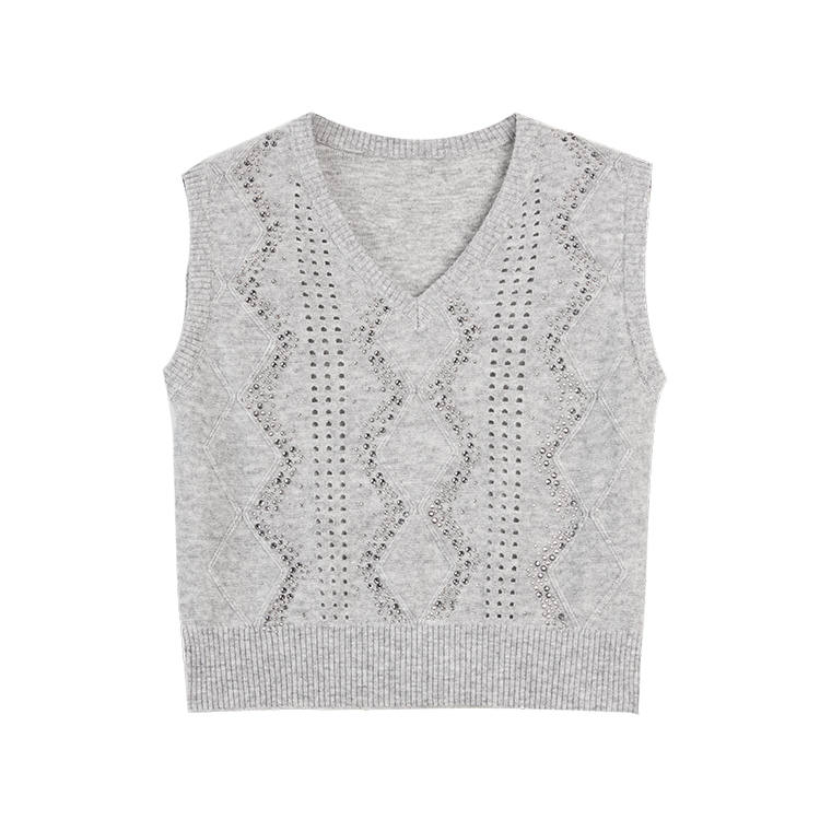 ELLE Vests Women's Medium Gray V Neck Moderate Knitted Fabric