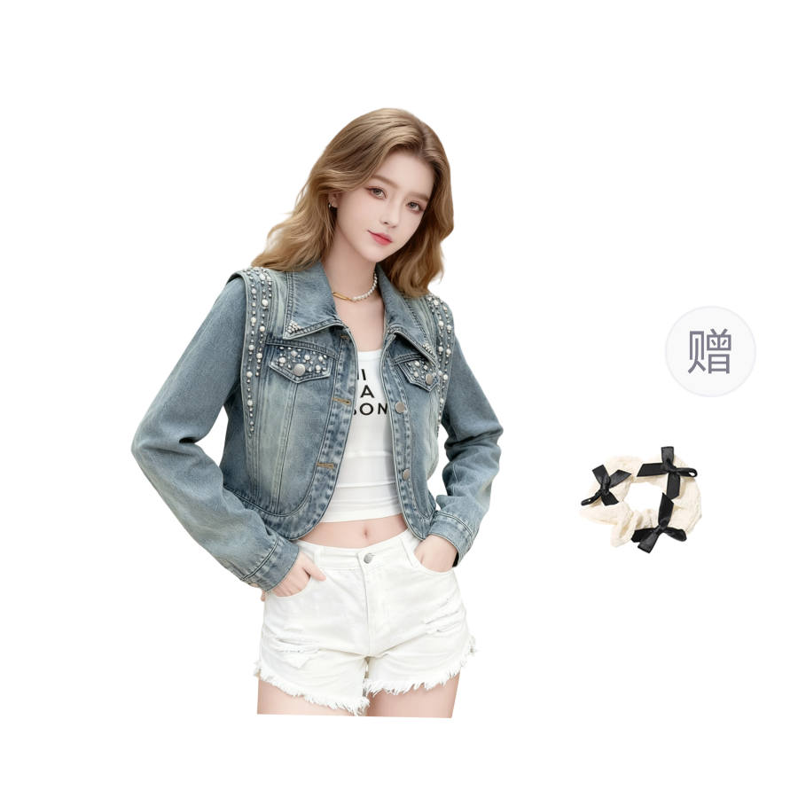 CPAURA Denim Jackets Women's Blue+Hair Tie Comes With Lapel Moderate Straight Fit