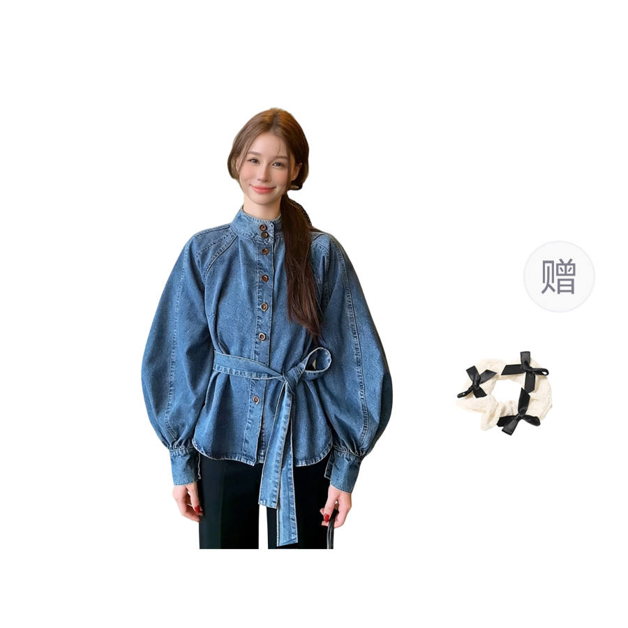 CPAURA Shirts Women's Blue+Hair Tie Comes With Stand Collar Moderate Denim