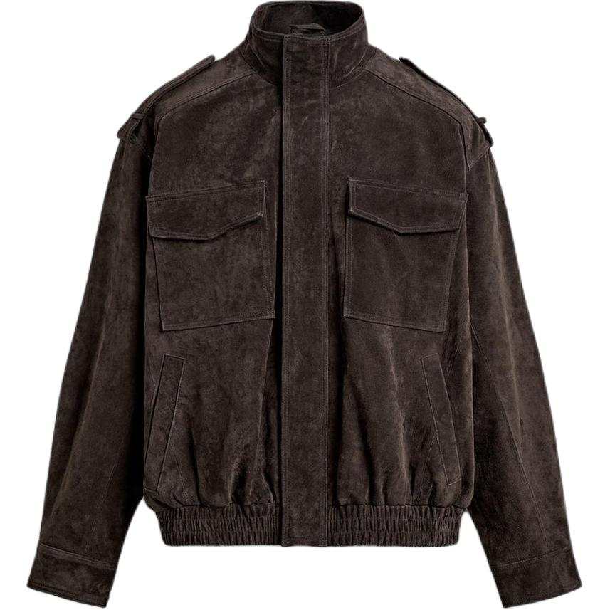 ZARA Leather Jackets Men's Coal Gray Stand Collar Moderate