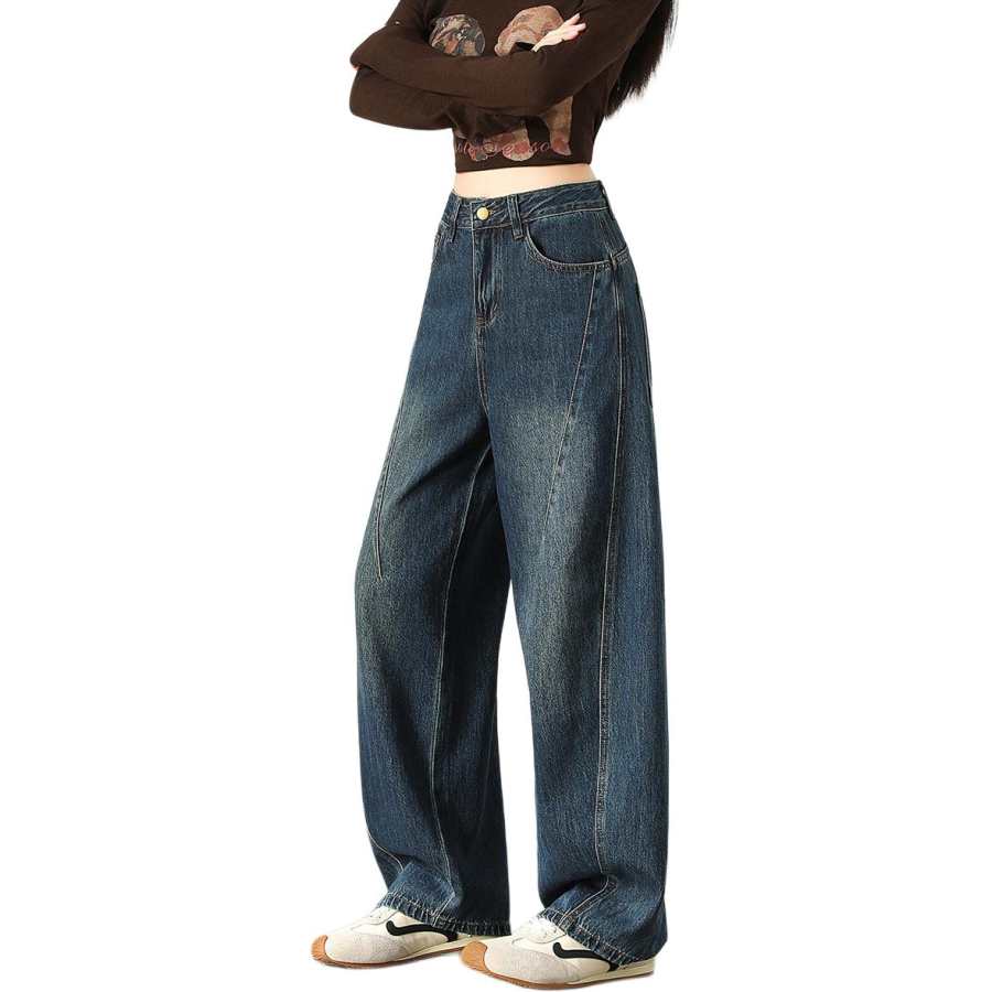 Tonlion Jeans Women's Blue Tone Thickened And Fleece Lined Wide Leg Pants